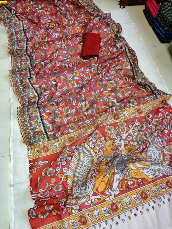 Elegant Linen Sarees – Kalamkari Digital Print Collection(Red - Yellow)