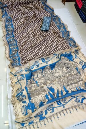 Elegant Linen Sarees – Kalamkari Digital Print Collection(Blue)