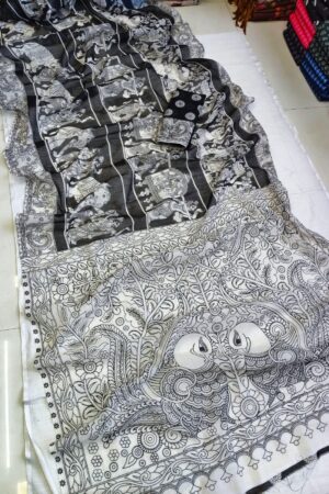 Elegant Linen Sarees – Kalamkari Digital Print Collection(Black -White)