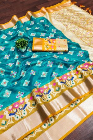 Soft Organza Silk Saree with Meenakari Weaving(Stock Clearance Sale)(Sky Blue)