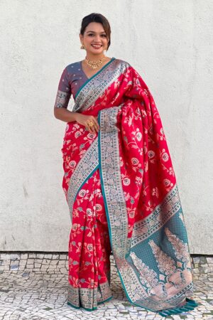 Premium Banarasi Silk Contrast Collection – Aarohi Jaal(Pink Body-Sky Border)