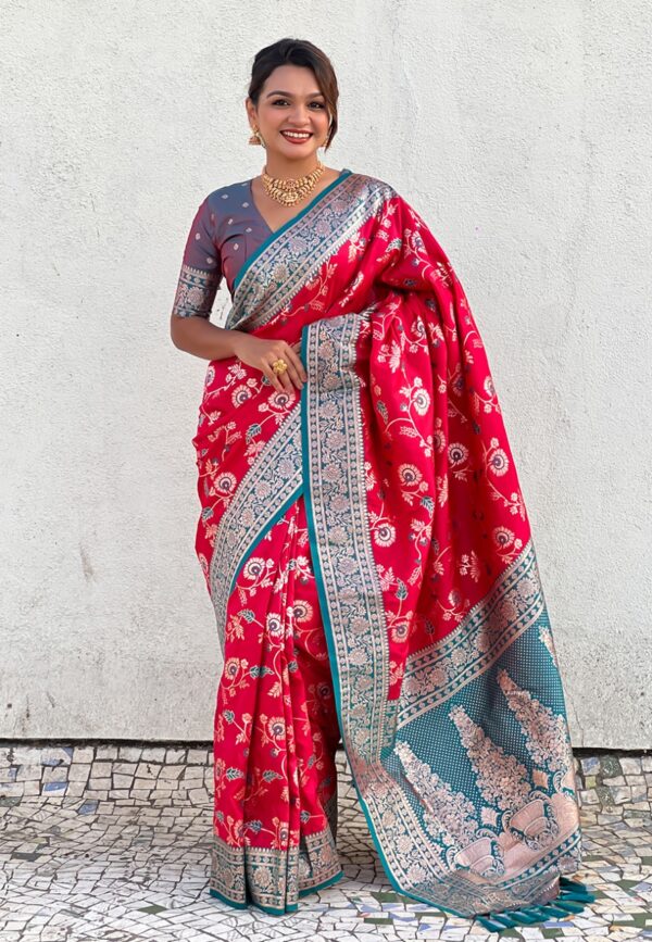 Premium Banarasi Silk Contrast Collection – Aarohi Jaal(Pink Body-Sky Border)
