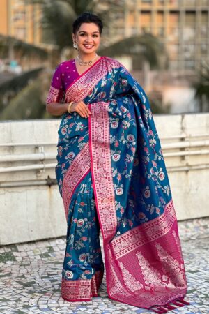 Premium Banarasi Silk Contrast Collection – Aarohi Jaal(Blue Body-Pink Border)
