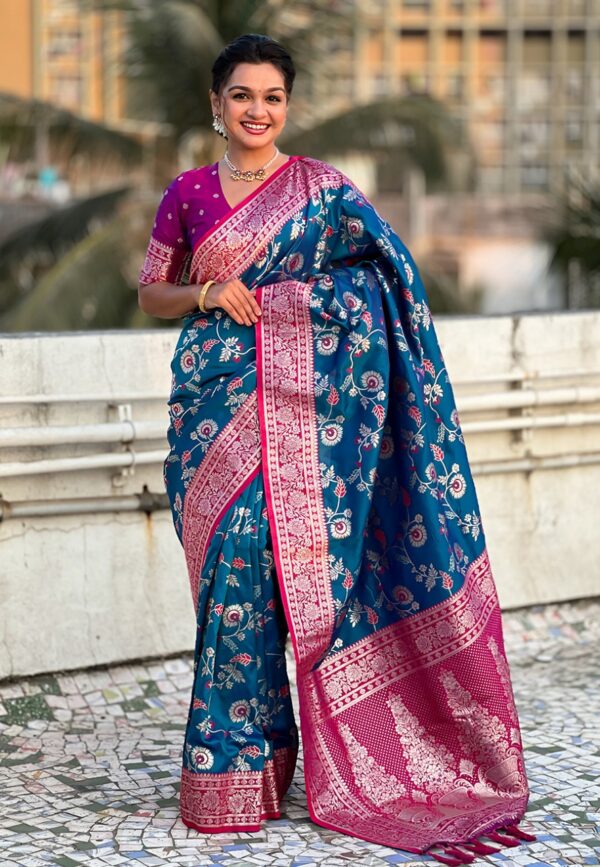 Premium Banarasi Silk Contrast Collection – Aarohi Jaal(Blue Body-Pink Border)