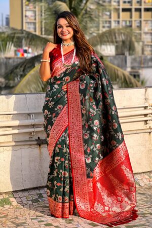 Premium Banarasi Silk Contrast Collection – Aarohi Jaal(Grey Body-Red Border)
