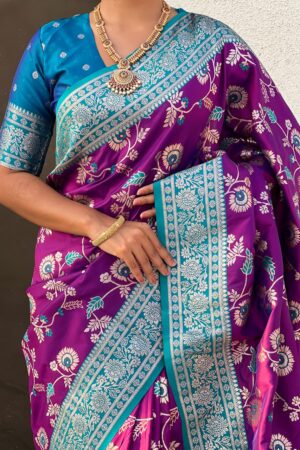 Premium Banarasi Silk Contrast Collection – Aarohi Jaal(Purple Body-Sky Blue Border)