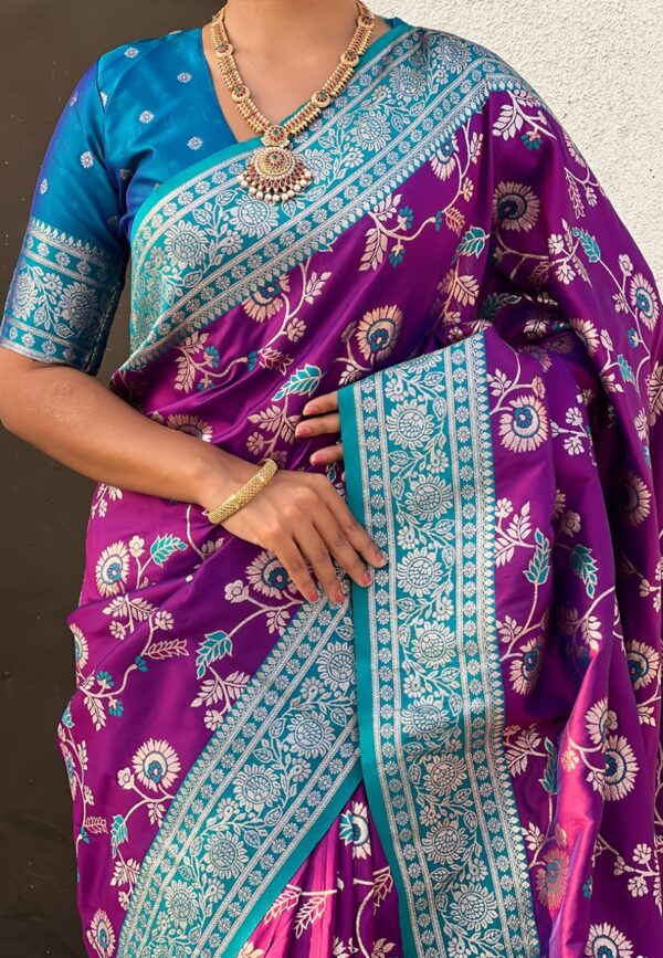 Premium Banarasi Silk Contrast Collection – Aarohi Jaal(Purple Body-Sky Blue Border)