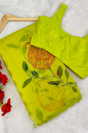Soft Organza Digital Print Saree with Handwork & Border(Lemon Yellow)