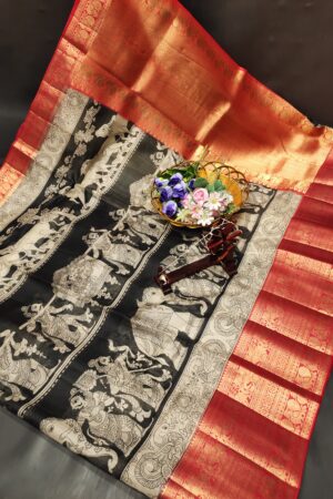 Kota Kalamkari Printed Sarees(Black Body-Red Boarder)