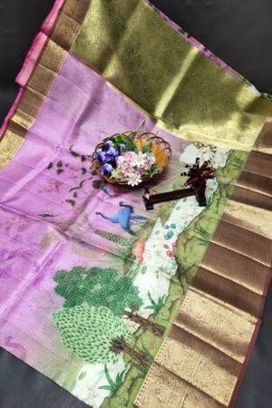 Kota Kalamkari Printed Sarees( Levender Body-Green Boarder)