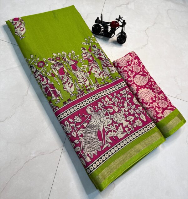 Wow Presents – New Launch Qalamkari Special Saree Collection(Green-Pink)