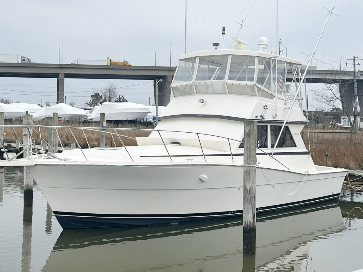 cabin cruiser boat docked in calm marina water, with a flybridge, tall outriggers, and muted overcast lighting