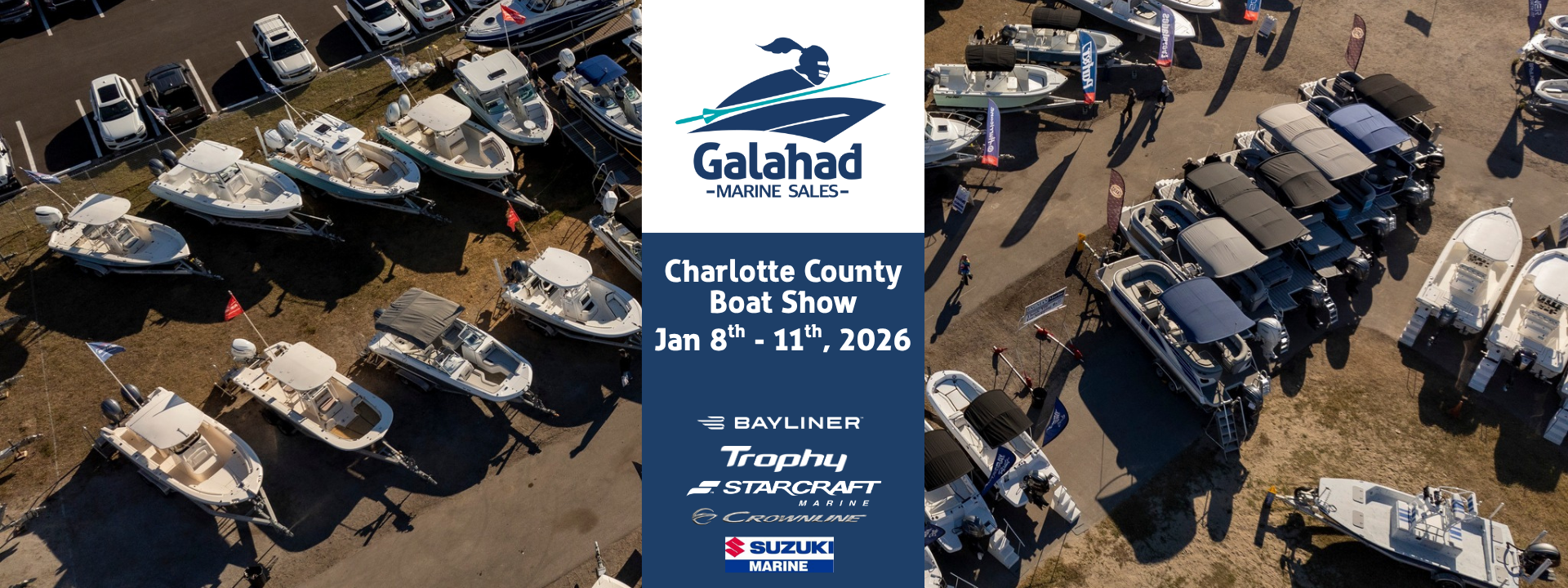 Families browsing rows of boats at an outdoor boat show, viewed from above.