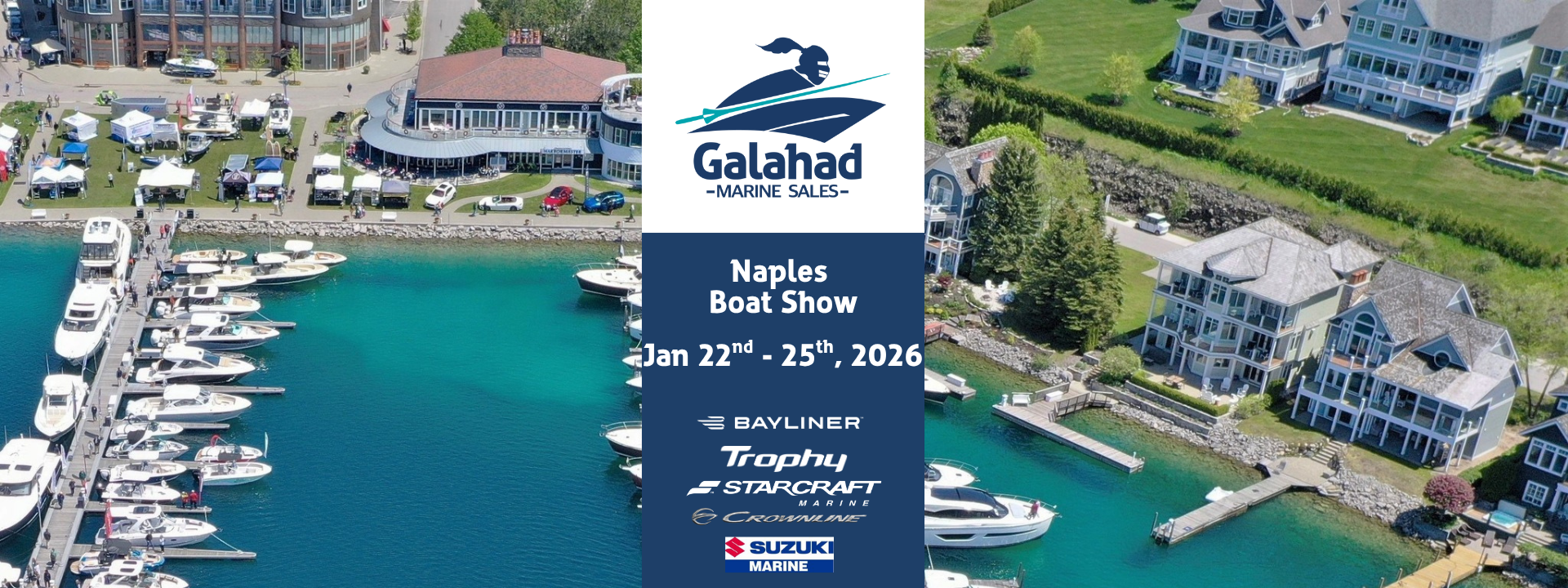 Aerial photo of a vibrant waterfront boat show in Naples, Florida, featuring rows of boats docked along turquoise water, vendor tents on the grass, and upscale coastal homes overlooking the marina.