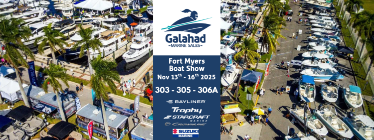 Here is a shorter version: Aerial view of a crowded Fort Myers boat show with rows of boats and palm trees, centered on a Galahad Marine Sales banner showing event dates, booth numbers, and brand logos.