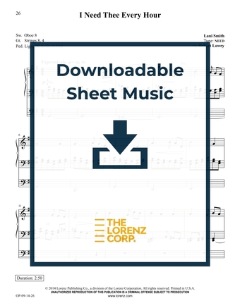 I Need Thee Every Hour - Organ Sheet Music (Digital download)