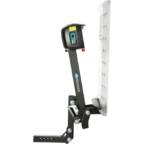 An adjustable metal hitch-mounted aluminum cargo carrier with a foldable platform and control unit, viewed from the side.