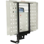 Metal platform with perforated side panels and a central vertical frame, mounted onto a hitch.