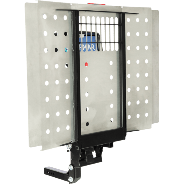 Metal platform with perforated side panels and a central vertical frame, mounted onto a hitch.