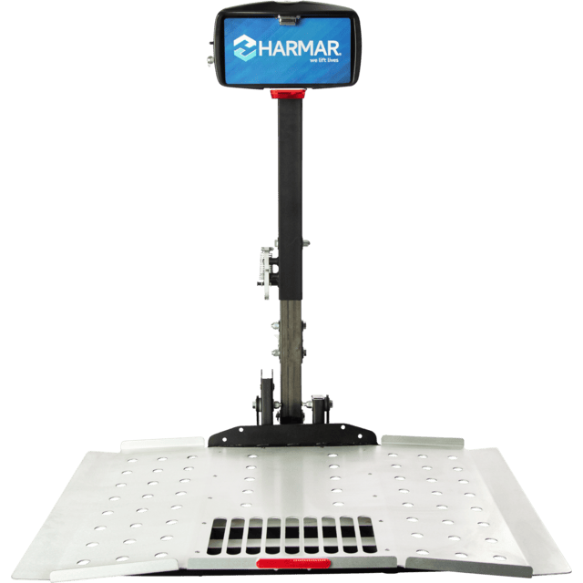 Harmar mobility platform lift with a metal base and a vertical handle, designed for accessible transportation of mobility devices.