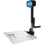 A mechanical platform lift with a rectangular base and vertical support, labeled "Harmar" at the top.