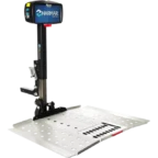 Harmar mobility lift platform with perforated metal surface and control box on a vertical post.