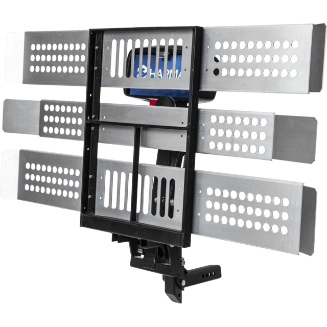 Silver rooftop antenna with three perforated horizontal metal plates attached to a central vertical bracket.