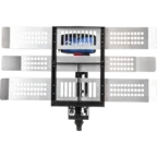 A mechanical device featuring three horizontal metal plates with perforated patterns, attached to a central frame.