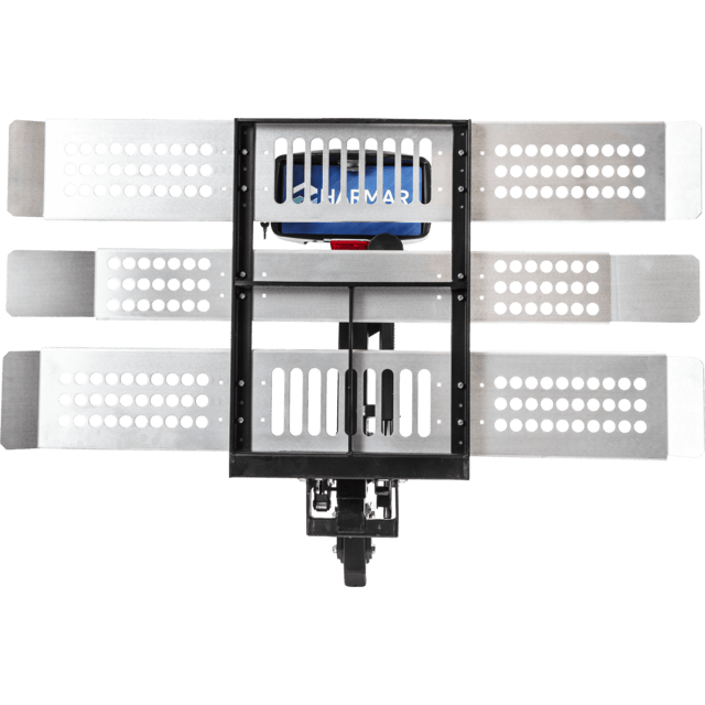 A mechanical device featuring three horizontal metal plates with perforated patterns, attached to a central frame.