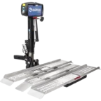 Metal wheelchair lift platform with Harmar logo, featuring an angled ramp and perforated surface for traction.