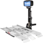 Vehicle lift platform with "Harmar" logo, featuring foldable, perforated metallic ramps for mobility aid transport.