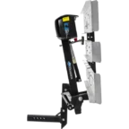 A heavy-duty adjustable mechanical jack with a handle, multiple steel plates, and a mounting bracket.