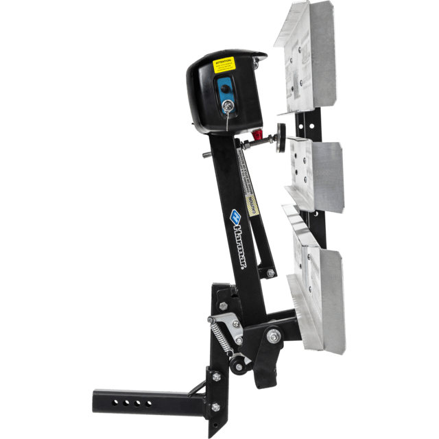 A heavy-duty adjustable mechanical jack with a handle, multiple steel plates, and a mounting bracket.