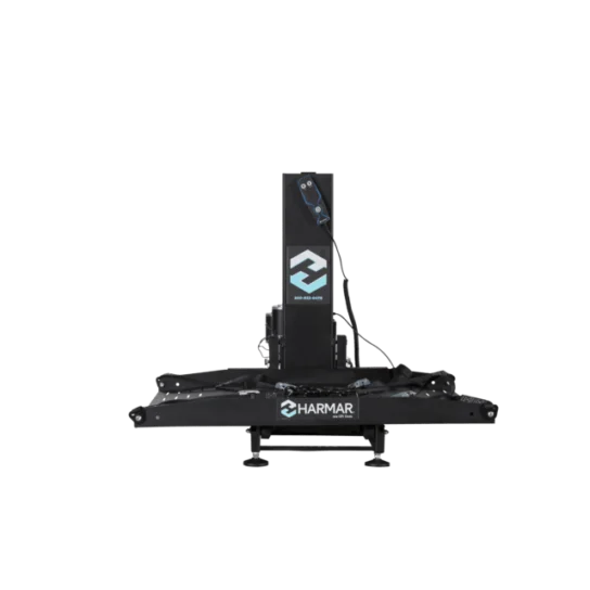 Black Harmar wheelchair lift with a central column and platform.