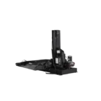 A black hydraulic vehicle lift with a platform and control components, designed for mechanical use.