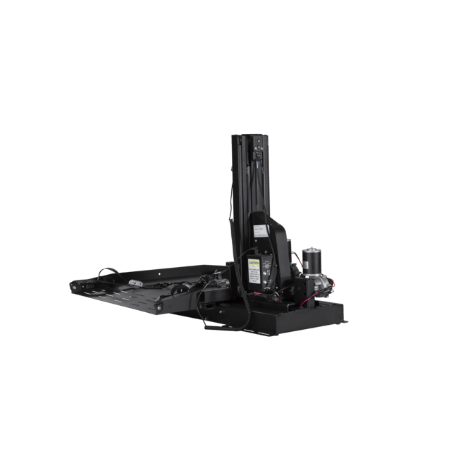 A black hydraulic vehicle lift with a platform and control components, designed for mechanical use.