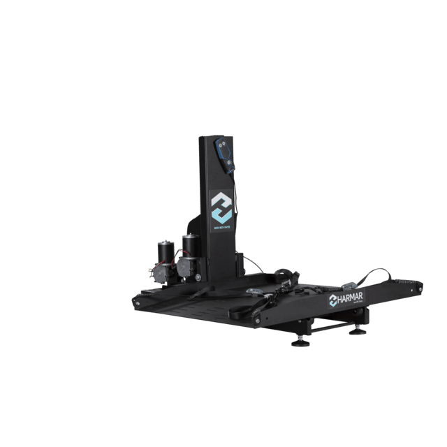 Black Harmar electric platform lift for mobility devices, featuring a ramp and control panel on one side.