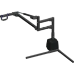 A black, mechanical boom arm with a jointed design and a clamp at one end.