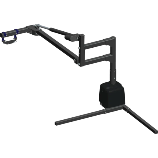 A black, mechanical boom arm with a jointed design and a clamp at one end.