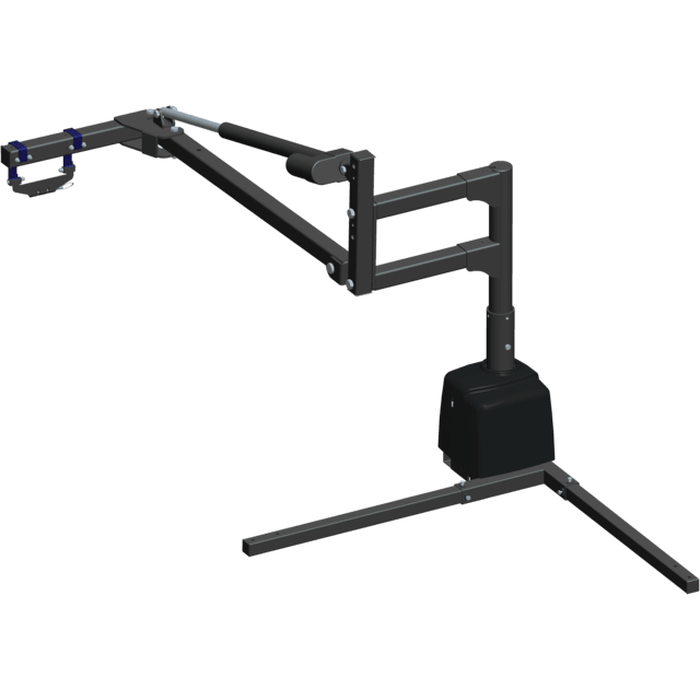 A black, mechanical boom arm with a jointed design and a clamp at one end.