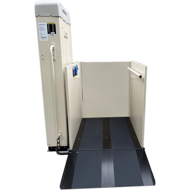 A beige wheelchair lift with a platform and side rails, designed to assist individuals in accessing elevated surfaces.