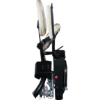 Side view of a folding stair lift chair with beige padding and black metal structure, showing mechanical components and safety straps.