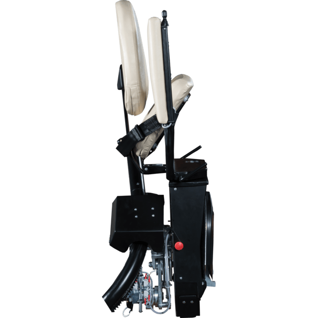 Side view of a folding stair lift chair with beige padding and black metal structure, showing mechanical components and safety straps.