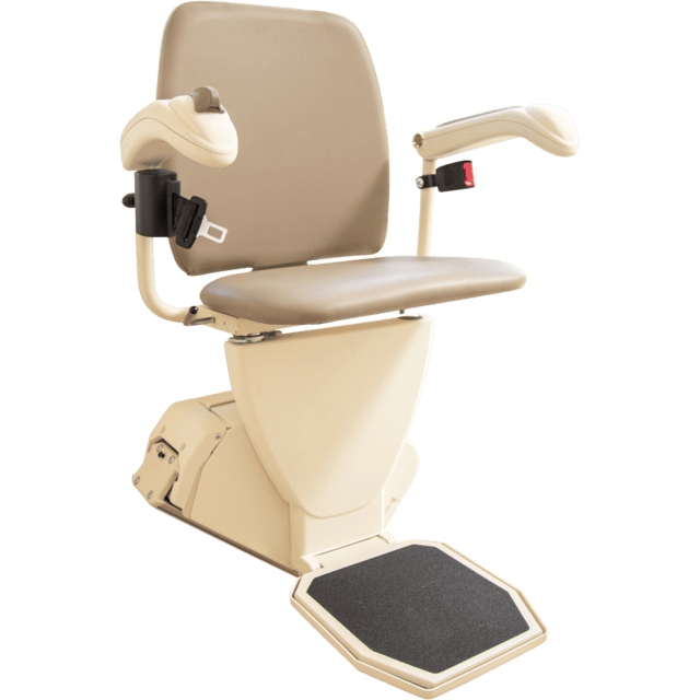 A beige stairlift chair with armrests and a footrest, designed for safe and easy movement up and down stairs.