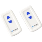 Two white remote controls with blue directional arrow buttons and "Harmar" branding in the corner.
