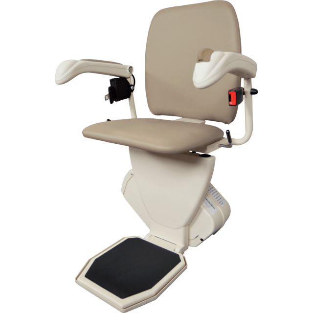 A beige stairlift chair with armrests, footrest, and a seatbelt, designed for navigating stairs easily.