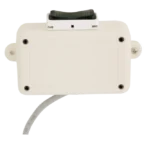 A rectangular white electronic enclosure with a cable attached and a small component on top; four screws are visible on the front.