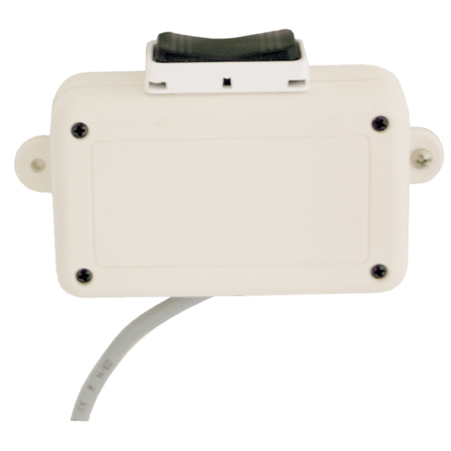 A rectangular white electronic enclosure with a cable attached and a small component on top; four screws are visible on the front.
