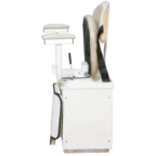 Side view of a stairlift with a beige seat and armrests, showing its mechanism and control lever attached to a white base.