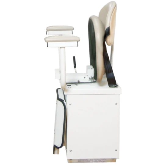 Side view of a stairlift with a beige seat and armrests, showing its mechanism and control lever attached to a white base.